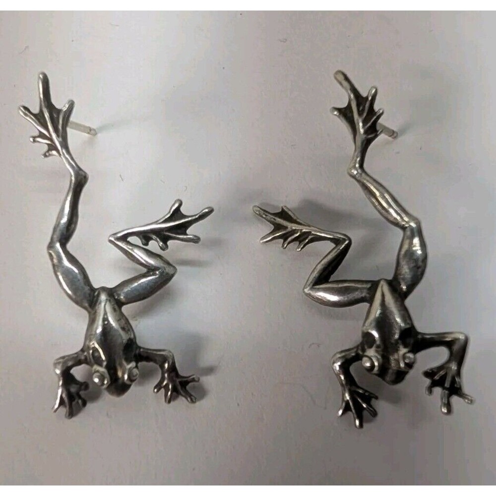 90s Signed Silver Dart Frog Earrings Vintage Rare Sterling Funky Forest Fun Boho